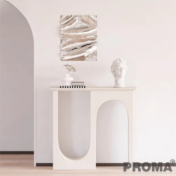 โต๊ะคอนโซลไม้ ดีไซน์หรู ชั้นวางของ สไตล์มินิมอล Wooden console table with an elegant design and minimalist-style shelves